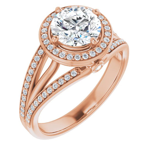 10K Rose Gold Customizable High-set Round Cut Design with Halo, Wide Tri-Split Shared Prong Band and Round Bezel Peekaboo Accents