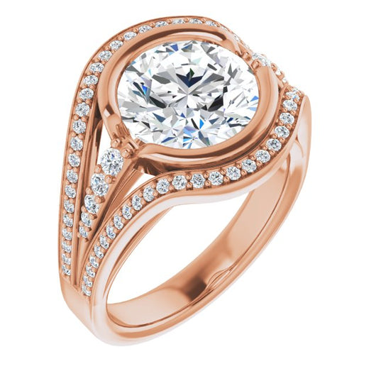 10K Rose Gold Customizable Cathedral-Bezel Round Cut Design with Wide Triple-Split-Pavé Band