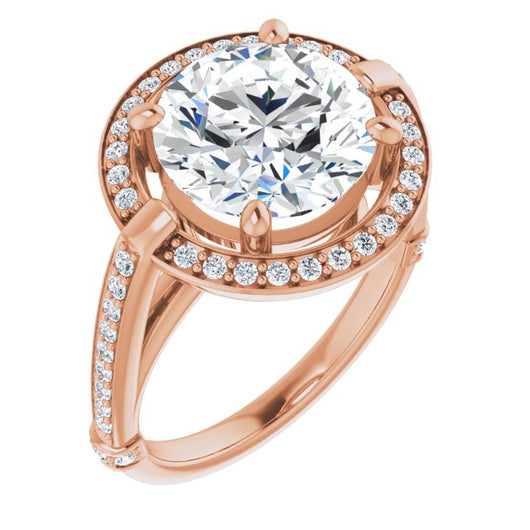 10K Rose Gold Customizable High-Cathedral Round Cut Design with Halo and Shared Prong Band