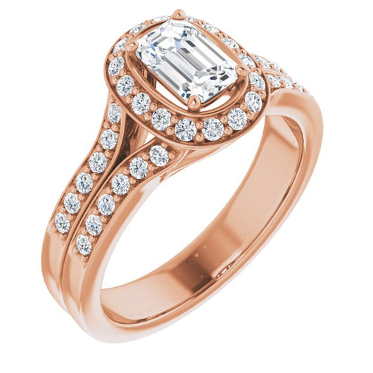 10K Rose Gold Customizable Emerald/Radiant Cut Halo Style with Accented Split-Band