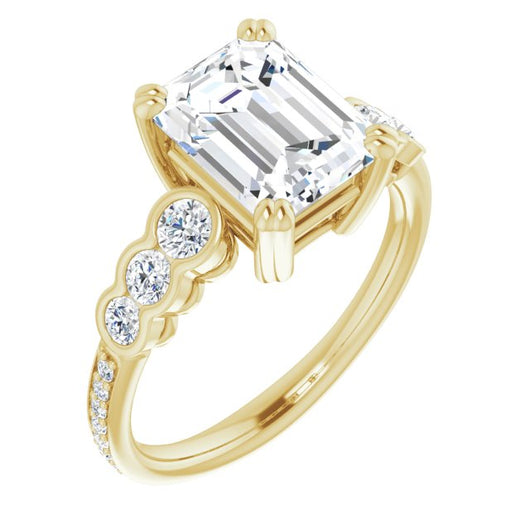 10K Yellow Gold Customizable Emerald/Radiant Cut 7-stone Style Enhanced with Bezel Accents and Shared Prong Band