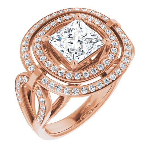 10K Rose Gold Customizable Cathedral-set Princess/Square Cut Design with Double Halo & Accented Ultra-wide Horseshoe-inspired Split Band