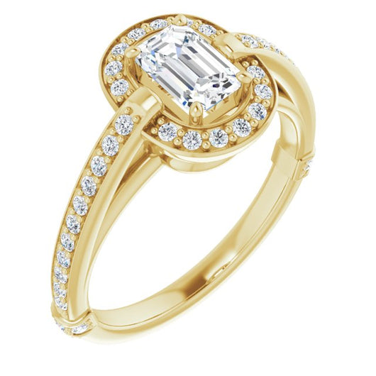 10K Yellow Gold Customizable High-Cathedral Emerald/Radiant Cut Design with Halo and Shared Prong Band