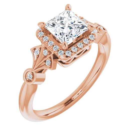 10K Rose Gold Customizable Cathedral-Crown Princess/Square Cut Design with Halo and Scalloped Side Stones