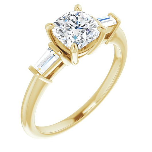 10K Yellow Gold Customizable 3-stone Cushion Cut Design with Dual Baguette Accents)