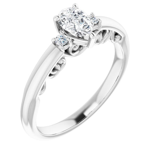 10K White Gold Customizable Pear Cut 3-stone Style featuring Heart-Motif Band Enhancement