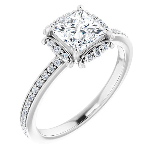 10K White Gold Customizable Princess/Square Cut Style with Halo and Thin Shared Prong Band