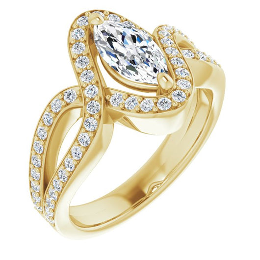 10K Yellow Gold Customizable Marquise Cut Center with Infinity-inspired Split Shared Prong Band and Bypass Halo