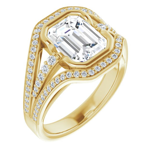 10K Yellow Gold Customizable Cathedral-Bezel Emerald/Radiant Cut Design with Wide Triple-Split-Pavé Band