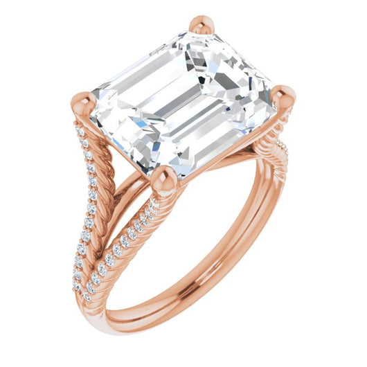 10K Rose Gold Customizable Emerald/Radiant Cut Style with Split Band and Rope-Pavé