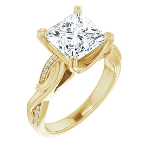 10K Yellow Gold Customizable Cathedral-raised Princess/Square Cut Design featuring Rope-Braided Half-Pavé Band