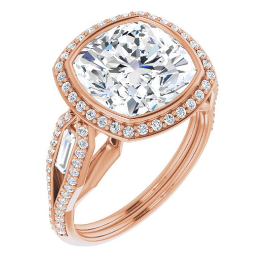 10K Rose Gold Customizable Cathedral-Bezel Cushion Cut Design with Halo, Split-Pavé Band & Channel Baguettes