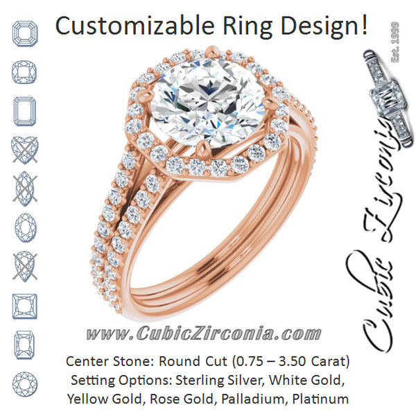 Cubic Zirconia Engagement Ring- The Danieela (Customizable Cathedral Round Cut Design with Geometric Halo & Split Pavé Band)