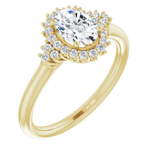 10K Yellow Gold Customizable Oval Cut Cathedral-Halo Design with Tri-Cluster Round Accents