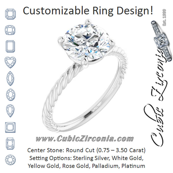 Cubic Zirconia Engagement Ring- The Donna Lea (Customizable Round Cut Solitaire featuring Braided Rope Band)