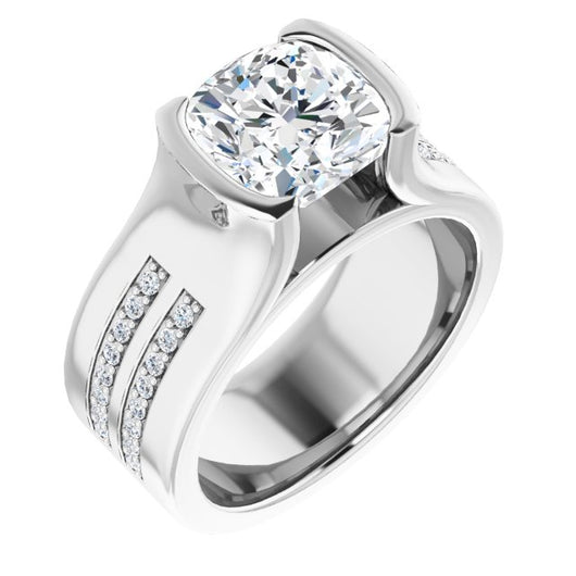 10K White Gold Customizable Bezel-set Cushion Cut Design with Thick Band featuring Double-Row Shared Prong Accents