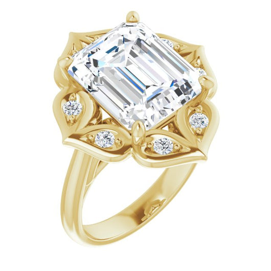 10K Yellow Gold Customizable Cathedral-raised Emerald/Radiant Cut Design with Star Halo & Round-Bezel Peekaboo Accents