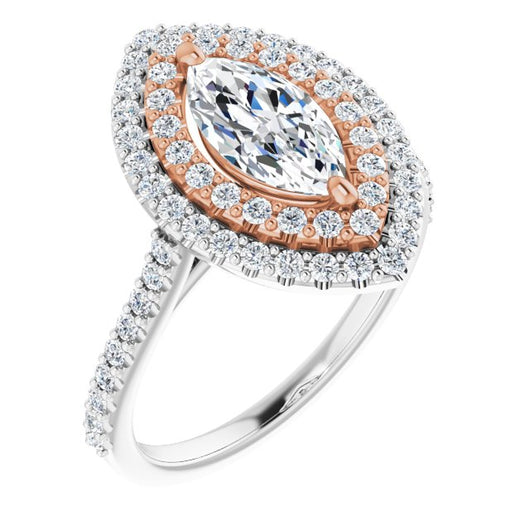 14K White & Rose Gold Customizable Double-Halo Marquise Cut Design with Accented Split Band