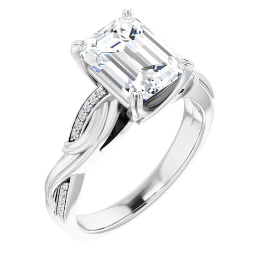 10K White Gold Customizable Cathedral-raised Emerald/Radiant Cut Design featuring Rope-Braided Half-Pavé Band