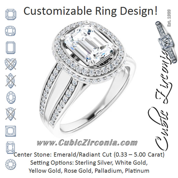 Cubic Zirconia Engagement Ring- The Deena (Customizable Halo-style Emerald Cut with Under-halo & Ultra-wide Band)