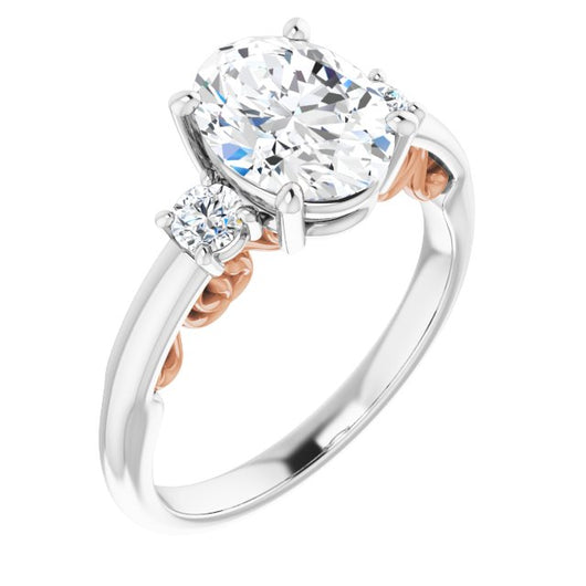 14K White & Rose Gold Customizable Oval Cut 3-stone Style featuring Heart-Motif Band Enhancement