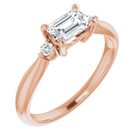 10K Rose Gold Customizable 3-stone Emerald/Radiant Cut Design with Twin Petite Round Accents