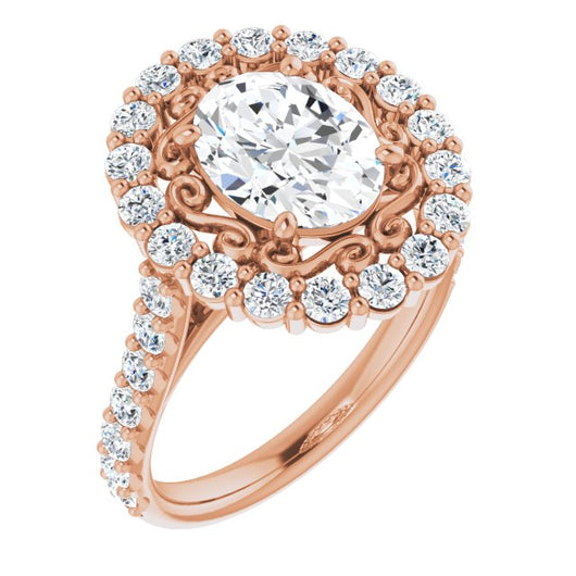 10K Rose Gold Customizable Oval Cut Cathedral Style with Oversized Halo