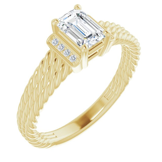 10K Yellow Gold Customizable 11-stone Design featuring Emerald/Radiant Cut Center, Vertical Round-Channel Accents & Wide Triple-Rope Band