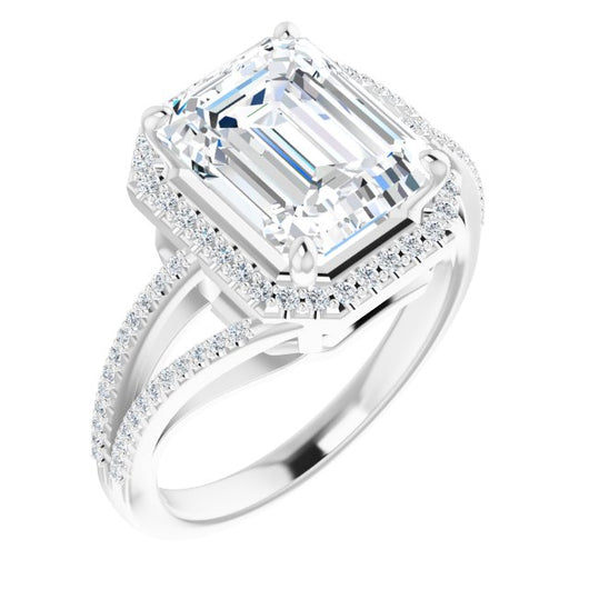 10K White Gold Customizable Emerald/Radiant Cut Vintage Design with Halo Style and Asymmetrical Split-Pavé Band