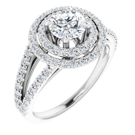 10K White Gold Customizable Round Cut Design with Double Halo and Wide Split-Pavé Band