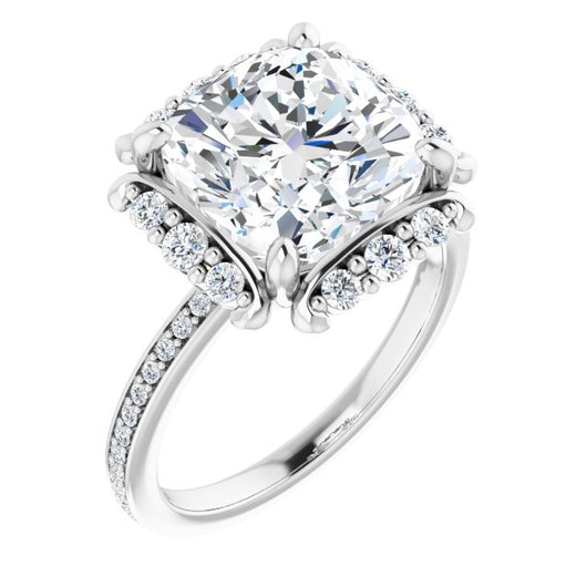 10K White Gold Customizable Cushion Cut Style with Halo and Thin Shared Prong Band