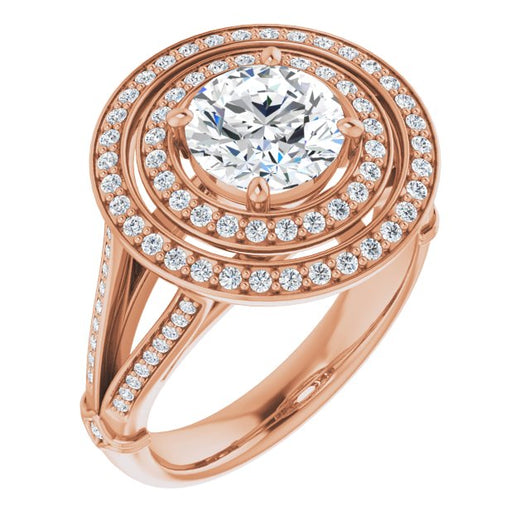 10K Rose Gold Customizable Cathedral-set Round Cut Design with Double Halo, Wide Split-Shared Prong Band and Side Knuckle Accents