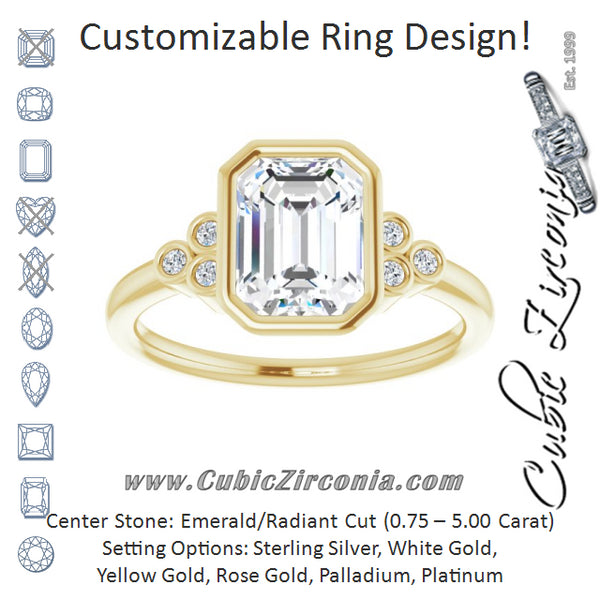 Cubic Zirconia Engagement Ring- The Kaipo (Customizable 7-stone Emerald Cut Style with Triple Round-Bezel Accent Cluster Each Side)