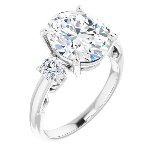 10K White Gold Customizable Oval Cut 3-stone Style featuring Heart-Motif Band Enhancement