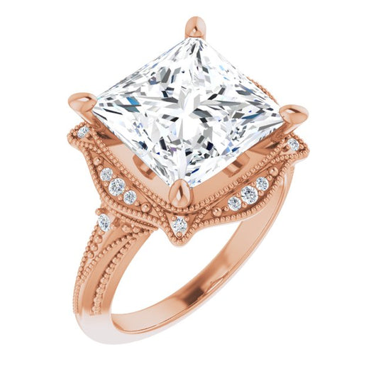 10K Rose Gold Customizable Vintage Princess/Square Cut Design with Beaded Milgrain and Starburst Semi-Halo