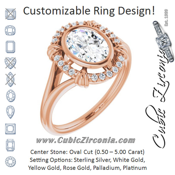 Cubic Zirconia Engagement Ring- The Leontine (Customizable Oval Cut Design with Split Band and "Lion's Mane" Halo)