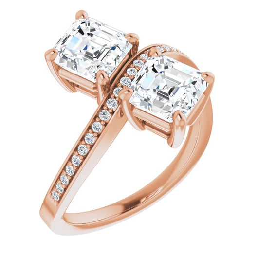 10K Rose Gold Customizable 2-stone Asscher Cut Bypass Design with Thin Twisting Shared Prong Band