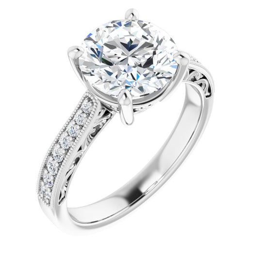 10K White Gold Customizable Round Cut Design with Round Band Accents and Three-sided Filigree Engraving