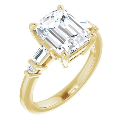 10K Yellow Gold Customizable 5-stone Baguette+Round-Accented Emerald/Radiant Cut Design)