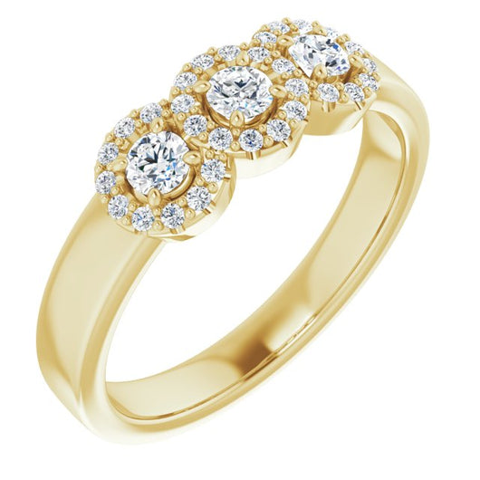 10K Yellow Gold Customizable Round Cut Triple Halo 3-stone Design