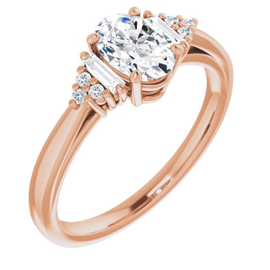 10K Rose Gold Customizable 9-stone Design with Oval Cut Center, Side Baguettes and Tri-Cluster Round Accents