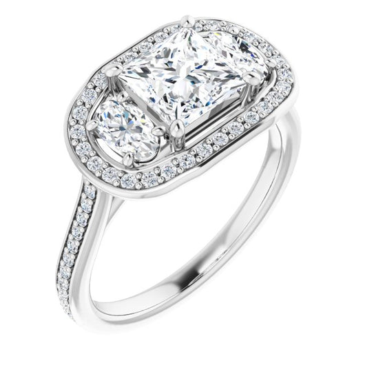 10K White Gold Customizable Princess/Square Cut Style with Oval Cut Accents, 3-stone Halo & Thin Shared Prong Band