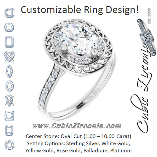 Cubic Zirconia Engagement Ring- The Ariané Contessa (Customizable Cathedral-style Oval Cut featuring Cluster Accented Filigree Setting & Shared Prong Band)