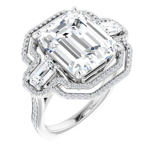 10K White Gold Customizable Enhanced 3-stone Style with Emerald/Radiant Cut Center, Emerald Cut Accents, Double Halo and Thin Shared Prong Band