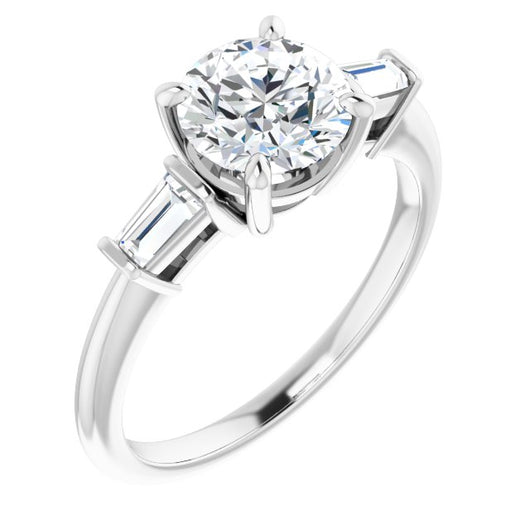 10K White Gold Customizable 3-stone Round Cut Design with Dual Baguette Accents)