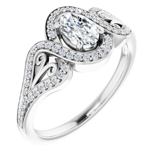 10K White Gold Customizable Oval Cut Design with Bypass Halo and Split-Shared Prong Band