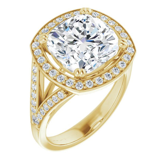 10K Yellow Gold Customizable Cathedral-set Cushion Cut Style with Accented Split Band and Halo