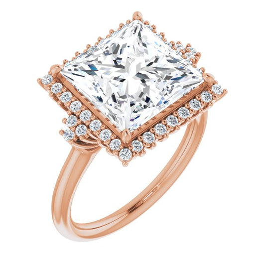 10K Rose Gold Customizable Princess/Square Cut Cathedral-Halo Design with Tri-Cluster Round Accents