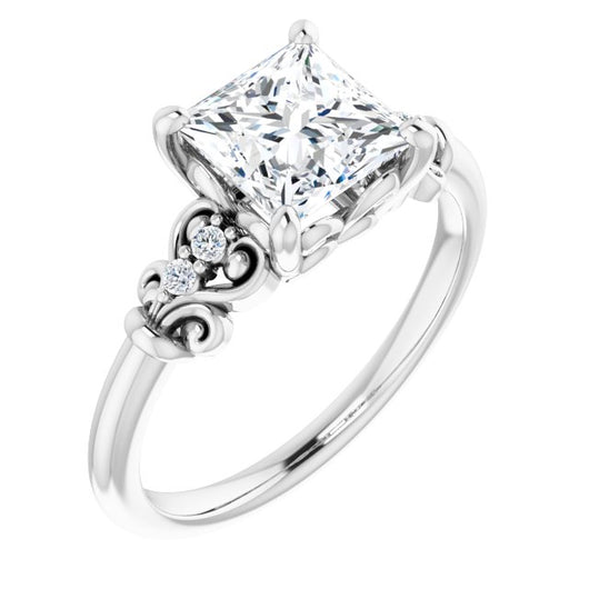 10K White Gold Customizable Vintage 5-stone Design with Princess/Square Cut Center and Artistic Band Décor