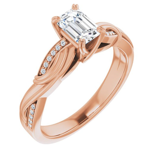 10K Rose Gold Customizable Cathedral-raised Emerald/Radiant Cut Design featuring Rope-Braided Half-Pavé Band